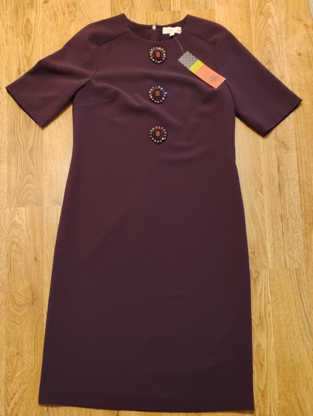 Tory Burch Plum Jewel-Embellished Midi Sheath Dress